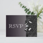 Black Sequins, Bow & Diamond RSVP Wedding Kaartje (Staand voorkant)