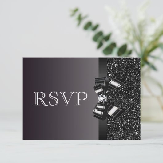 Black Sequins, Bow & Diamond RSVP Wedding Kaartje (Staand voorkant)