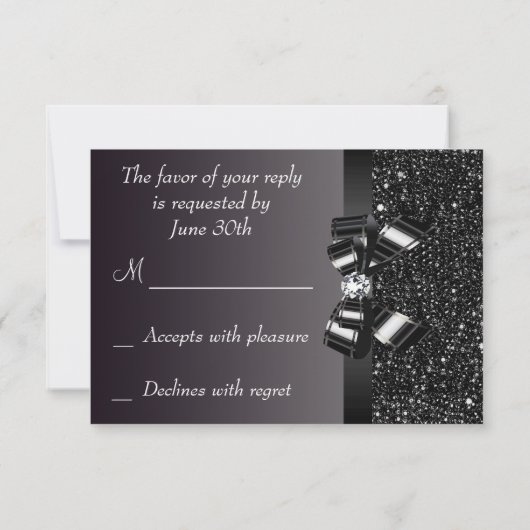 Black Sequins, Bow & Diamond RSVP Wedding Kaartje (Achterkant)