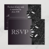 Black Sequins, Bow & Diamond RSVP Wedding Kaartje (Voorkant / Achterkant)