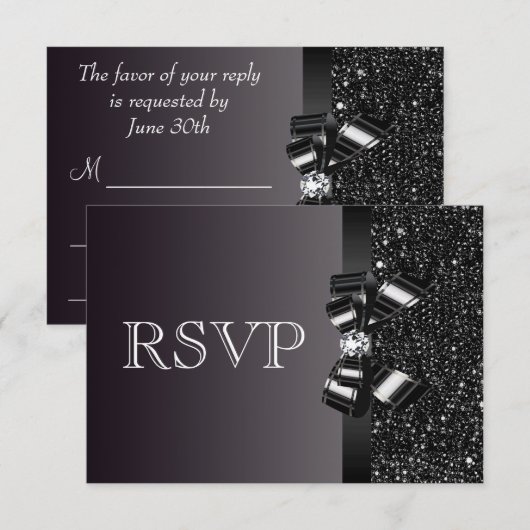Black Sequins, Bow & Diamond RSVP Wedding Kaartje (Voorkant / Achterkant)