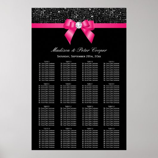 Black Sequins Hot Pink Bow Wedding Seating Chart Poster (Voorkant)