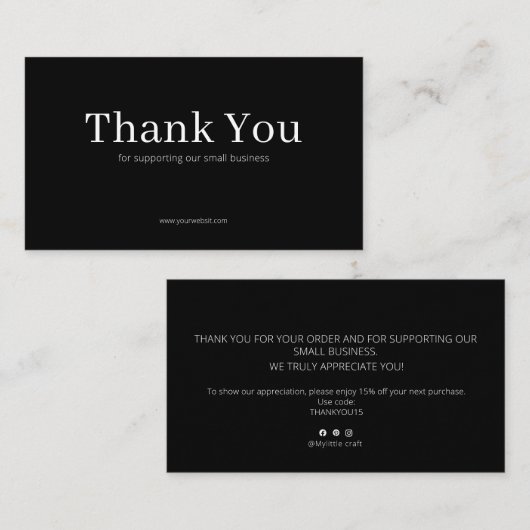 Black Serif Thank You Card Discount Code Business Visitekaartje (Voorkant / Achterkant)