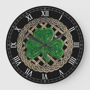 Black Shamrock & Celtic Knots Roman Numerals Clock Grote Klok
