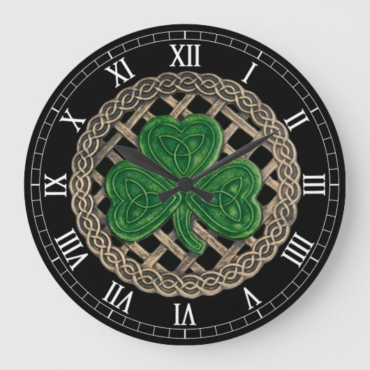 Black Shamrock & Celtic Knots Roman Numerals Clock Grote Klok (Voorkant)
