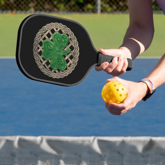 Black shamrock on Celtic Knots Pickleball Paddle (Insitu)