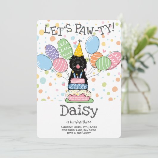 Black Sheepadoodle Hond Verjaardagsfeestje Kaart (Staand voorkant)