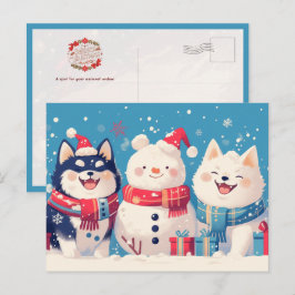 Black Shiba Inu and Samoyed dog with Snowman Briefkaart