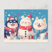 Black Shiba Inu and Samoyed dog with Snowman Feestdagenkaart (Voorkant)