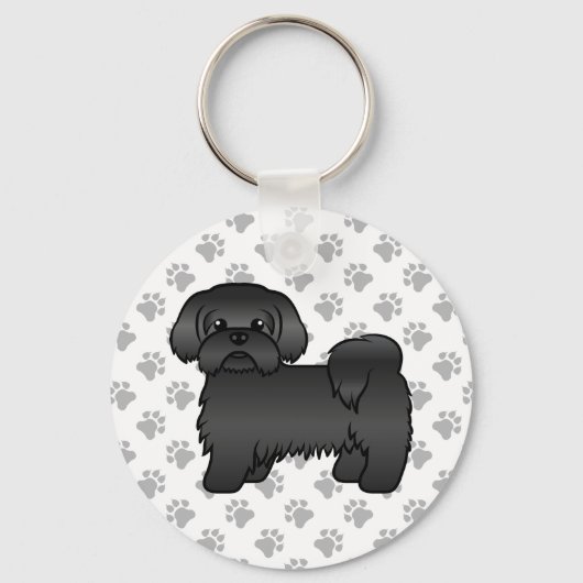 Black Shih Tzu Cute Cartoon Dog Illustratie Sleutelhanger (Voorkant)