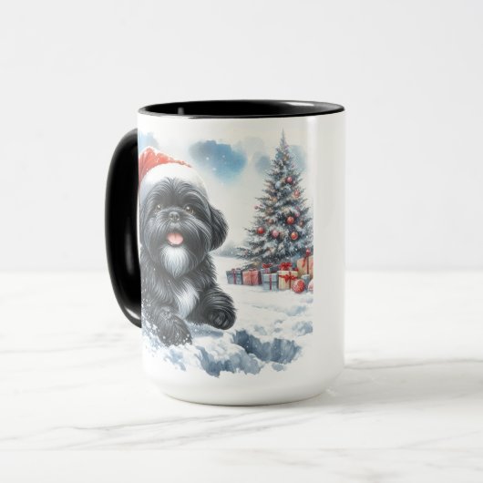 Black Shih Tzu Dashing Thru Sneeuwkerst Mok (Voorkant links)