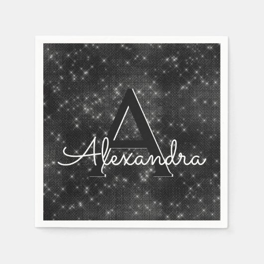 Black Shimmer & Sparkle Monogram Verjaardag Servetten (Voorkant)