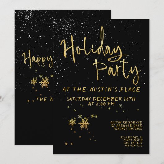 Black Shimmering Gold Calligraphy Holiday Party Kaart (Voorkant / Achterkant)