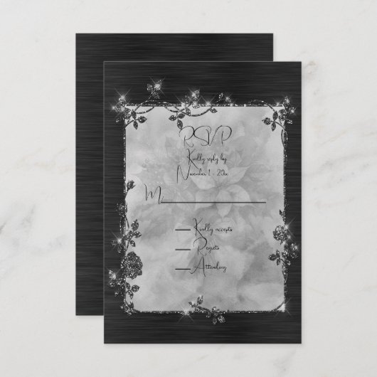 Black Shiny Elegant Sparkly Frame RSVP Kaartje (Voorkant / Achterkant)