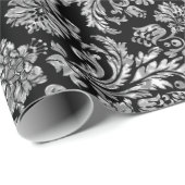 Black & Shiny Silver Floral Damaskers Cadeaupapier (Rol Hoek)