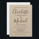 Black Signature Script Rustic Kraft Wedding  Kaart<br><div class="desc">Deze elegante trouwuitnodiging met namen met een tekenstijl kan worden gepersonaliseerd met je informatie in zwart schrift op een rotsvaste kraftkaart. Ontworpen door: Thisnotme©</div>