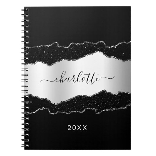 Black Silagate marble glitter name script Notitieboek (Voorkant)