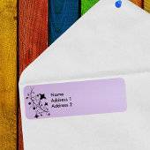 Black Silhouette Abstract Scroll Flowers Paars Etiket