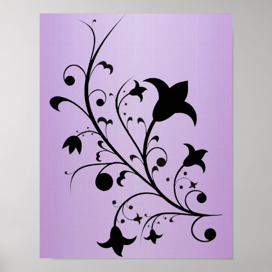 Black Silhouette Abstract Scroll Flowers Paars Poster (Voorkant)