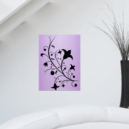 Black Silhouette Abstract Scroll Flowers Paars Poster