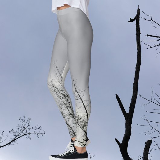 Black Silhouette Branches Grey Sky Leggings