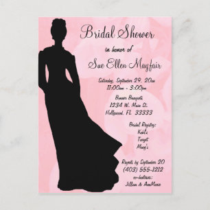 Black Silhouette Bride Pink Floral Achtergrond Uitnodiging Briefkaart