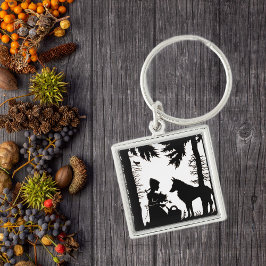 Black Silhouette Red Riding Hood Wolf Bossen Sleutelhanger