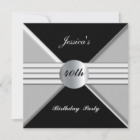 Black Silver 40th Birthday Party Invitation Kaart (Voorkant)