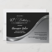 Black Silver 40th Birthday Party Invitation Kaart (Voorkant)