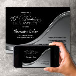 Black Silver 40th Birthday Party Invitation Kaart<br><div class="desc">Deze elegante zwarte en zilveren 40e verjaardag feestuitnodiging straalt verfijnde elegantie en verfijning uit. Het strakke ontwerp is voorzien van een combinatie van zwart en zilver, gedeeld door een sierlijke golf. Met het aanpasbare tekstgebied kunt u moeiteloos alle cruciale details voor uw speciale verjaardagsviering opnemen, inclusief de datum, tijd en...</div>