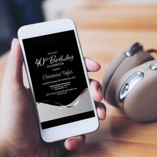 Black Silver 40th Birthday Party Invitation Kaart
