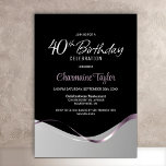Black Silver 40th Birthday Party Invitation Kaart<br><div class="desc">Deze moderne zwarte en zilveren 40e verjaardag feestuitnodiging straalt eenvoudige elegantie en verfijning uit. Het ontwerp heeft een zwart en zilveren kleurenpatroon, gescheiden door een vloeiende golf en een stijlvol roze lint dat van de ene kant naar de andere stroomt. Met het aanpasbare tekstgebied kunt u moeiteloos alle benodigde details...</div>