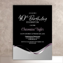 Black Silver 40th Birthday Party Invitation Kaart