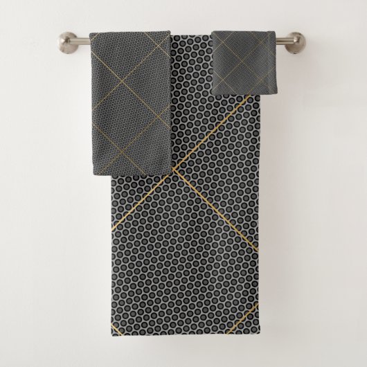 BLACK SILVER ABSTRACT CIRCLES GRID BATH TOWEL SET BAD HANDDOEK (Insitu)