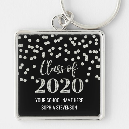 Black Silver Afstuderen Class of 2020 Confetti Sleutelhanger (Voorkant)