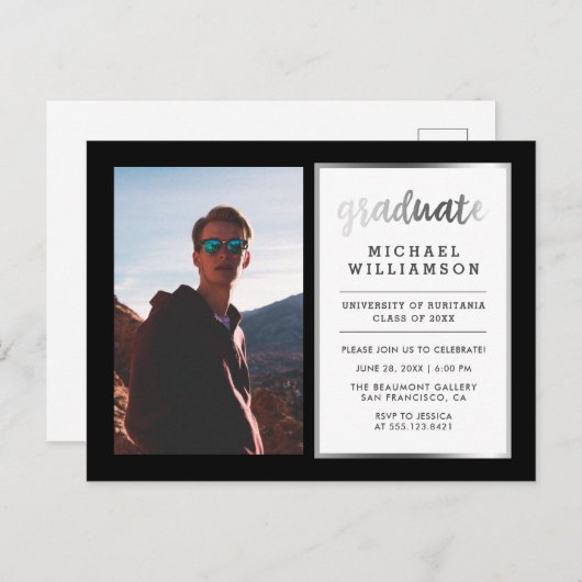 Black & Silver Afstuderen fotograaf Uitnodiging Briefkaart (Voorkant / Achterkant)