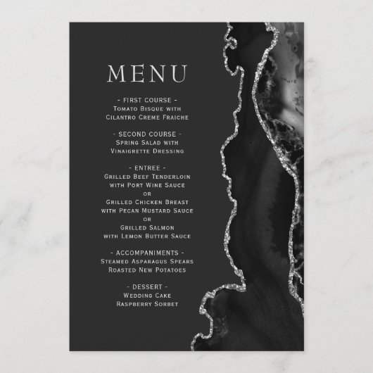 Black Silver Agate Dark Wedding Menu (Voorkant)