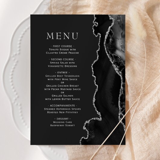 Black Silver Agate Dark Wedding Menu