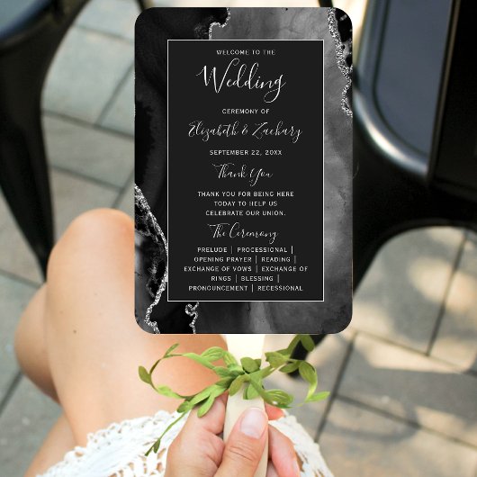 Black Silver Agate Dark Wedding Program Handwaaier