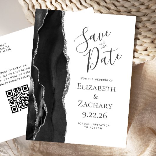 Black Silver Agate QR-code Save the Date Aankondigingskaart