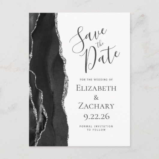 Black Silver Agate QR-code Save the Date Aankondigingskaart (Voorkant)