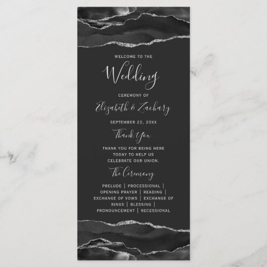 Black Silver Agate Wedding Programmakaart (Voorkant)