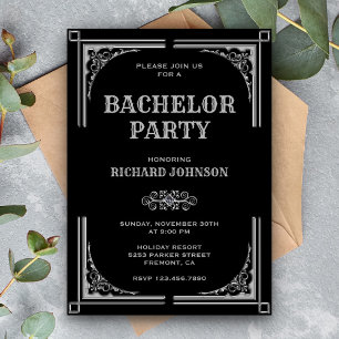 Black Silver Art Deco Bachelor Party Kaart