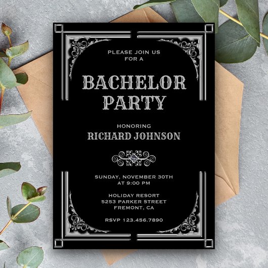 Black Silver Art Deco Bachelor Party Kaart