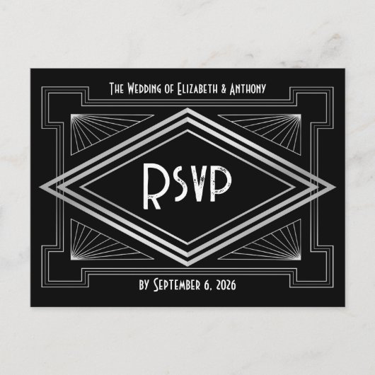 Black & Silver Art Deco Gatsby-Inspired Wedding Briefkaart (Voorkant)