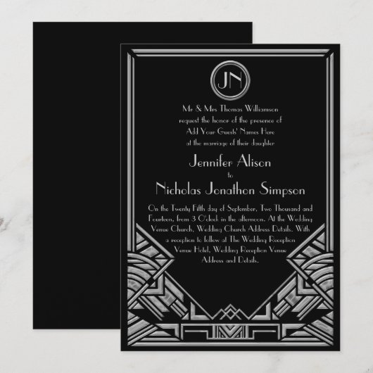 Black Silver Art Deco Gatsby Style Wedding Invites Kaart (Voorkant / Achterkant)