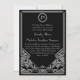 Black Silver Art Deco Gatsby Style Wedding Invites Kaart