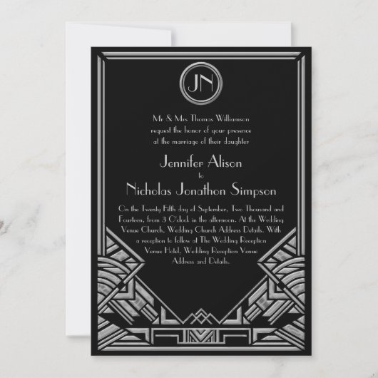 Black Silver Art Deco Gatsby Style Wedding Invites Kaart (Voorkant)