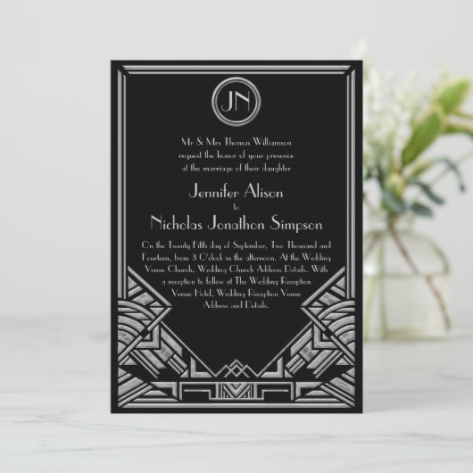 Black Silver Art Deco Gatsby Style Wedding Invites Kaart (Staand voorkant)