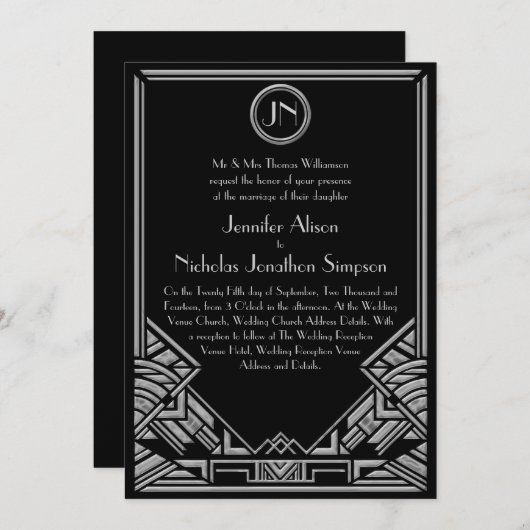 Black Silver Art Deco Gatsby Style Wedding Invites Kaart (Voorkant / Achterkant)